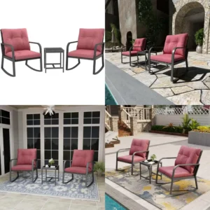 3-Piece Outdoor Patio Furniture Set with Rattan Seat Rocking Chairs with cushions, Ideal for Garden, Balcony & Poolside