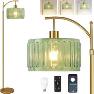 Gold Dimmable Floor Lamp with Remote, Mid-Century Modern Brass Standing Light for Living Room or Bedroom