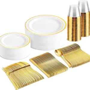 150-Piece Gold Plastic Disposable Dinnerware Set for Parties, Weddings and Reunions
