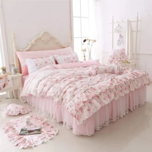 Shabby Chic Queen 4-Piece Bedding Set: Pink Floral Roses with Lace Ruffle and Bed Skirt and Pillowcases