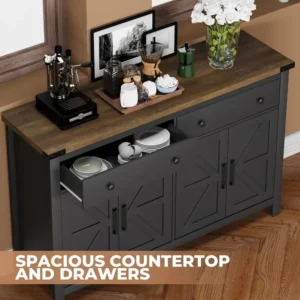 55" Sideboard Buffet Cabinet with Storage, Coffee or Bar Cabinet, 2 Drawers and 4 Barn Doors
