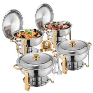 4 Pack, 5 Qt Stainless Steel Chafing Dish Buffet Set, Full Size Pans Round Catering Warmer Server with Lid, Entertaining Need