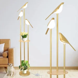 Gold Modern Floor Lamp with Shelves, Mid Century Standing Lamp with 3 Adjustable LED Bird Lights