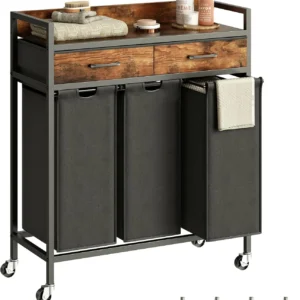 3 Section Laundry Sorter & Hamper with Shelf and 2 drawers, Durable with Rolling Wheels & Storage