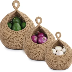 Hanging Storage Baskets Boho Decor Set of 3, Handmade Cotton Rope Wall-Mounted Fruit & Vegetable Baskets, Decorative organization