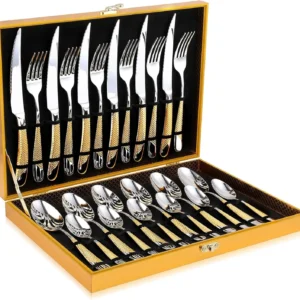 24-Piece Hammered Silver Gold Stainless Steel Flatware Set for 6, Durable and Elegant