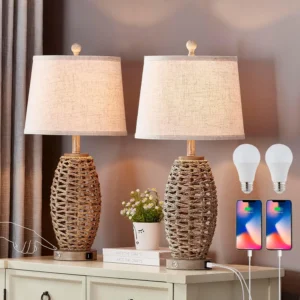 Set of 2 Natural Rattan Table Lamps, Touch Switch Dimmable with USB Ports, Oatmeal Shade