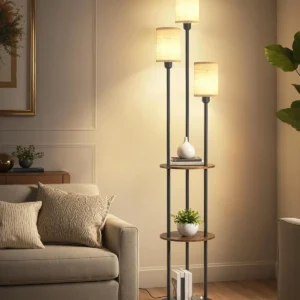 70.9" Modern Floor Lamp with Shelves, 3 Linen Shades & Foot Switch for Living Room, Bedroom, Office in Rustic Brown