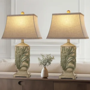 25" Vintage Table Lamps Set of 2, Rustic Retro Farmhouse Resin with Rotary Switch and Carved Leaf Design, Includes 2 Bulbs