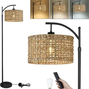 Dimmable Arc Boho Floor Lamp with Warm Rattan Shade
