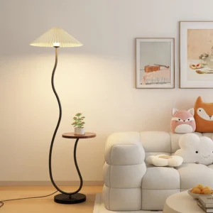 Nordic Cream Floor Lamp with Built-in Side Table & Pleated Shade