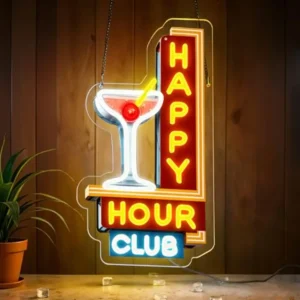 Retro "Happy Hour Club" LED Neon Sign – Dimmable Man Cave & Bar Light