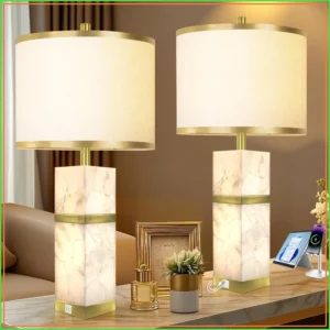 27" Natural Spanish Alabaster Table Lamps with Night Light & USB Ports (Set of 2)